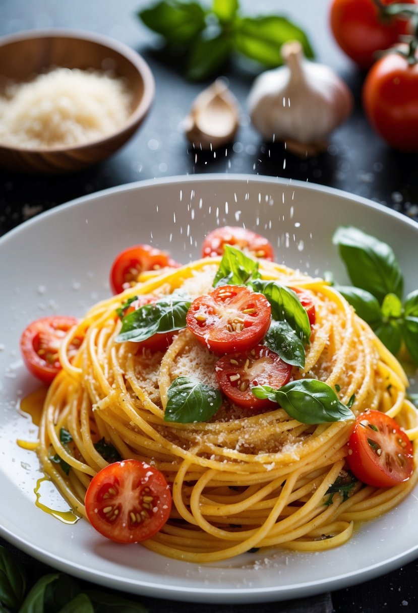 A steaming plate of spaghetti Pomodoro with fresh tomatoes, basil, and garlic, drizzled with olive oil and sprinkled with grated Parmesan cheese