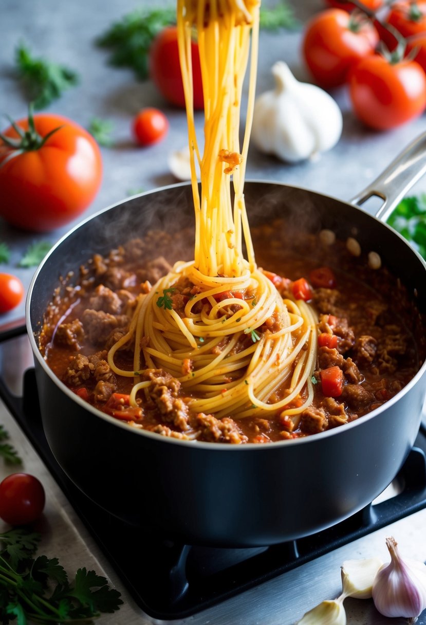 A pot of boiling spaghetti with meat sauce simmering on the stove, surrounded by scattered ingredients like tomatoes, garlic, and herbs