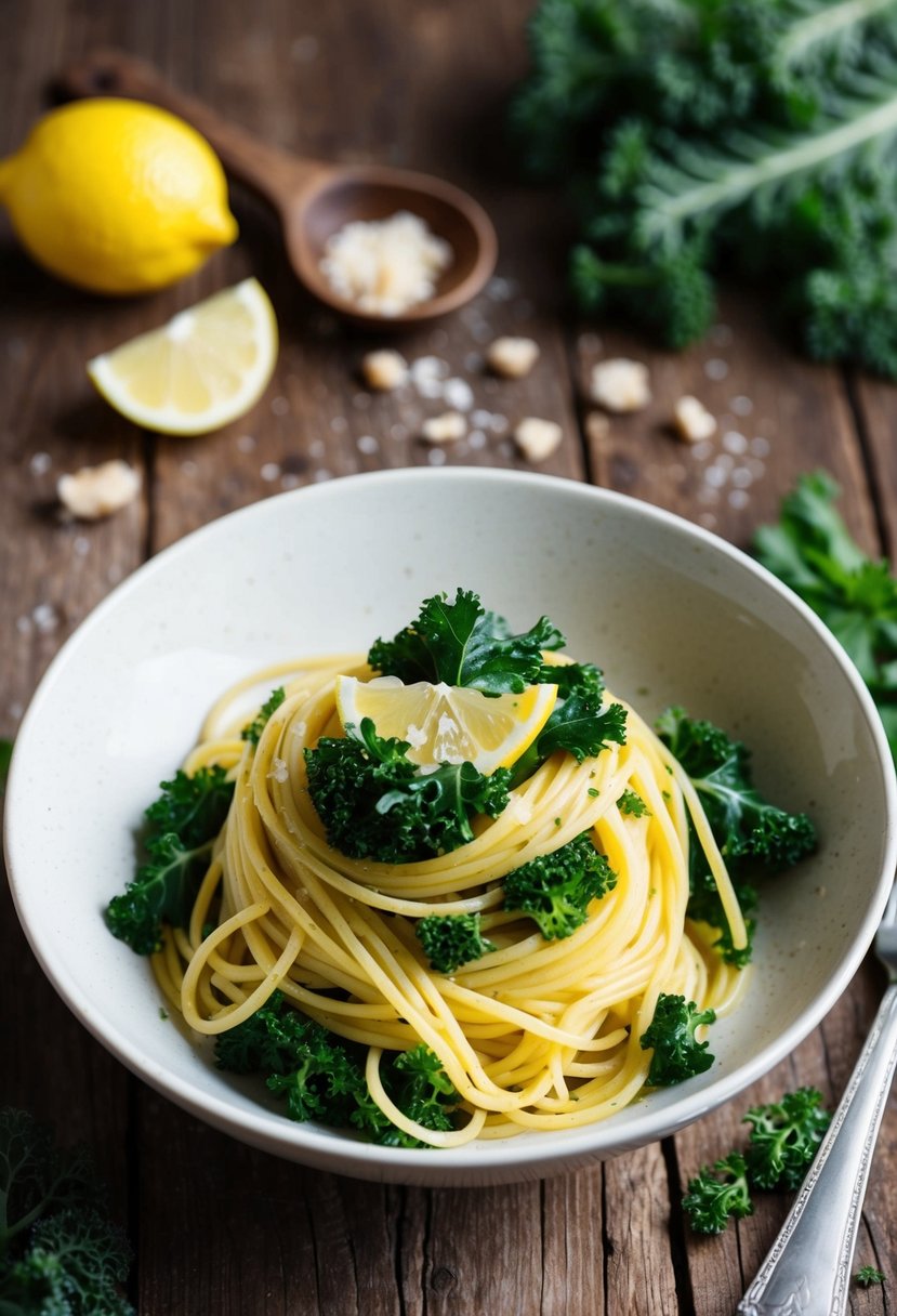 A bowl of lemon and kale spaghetti on a rustic wooden table with scattered fresh ingredients