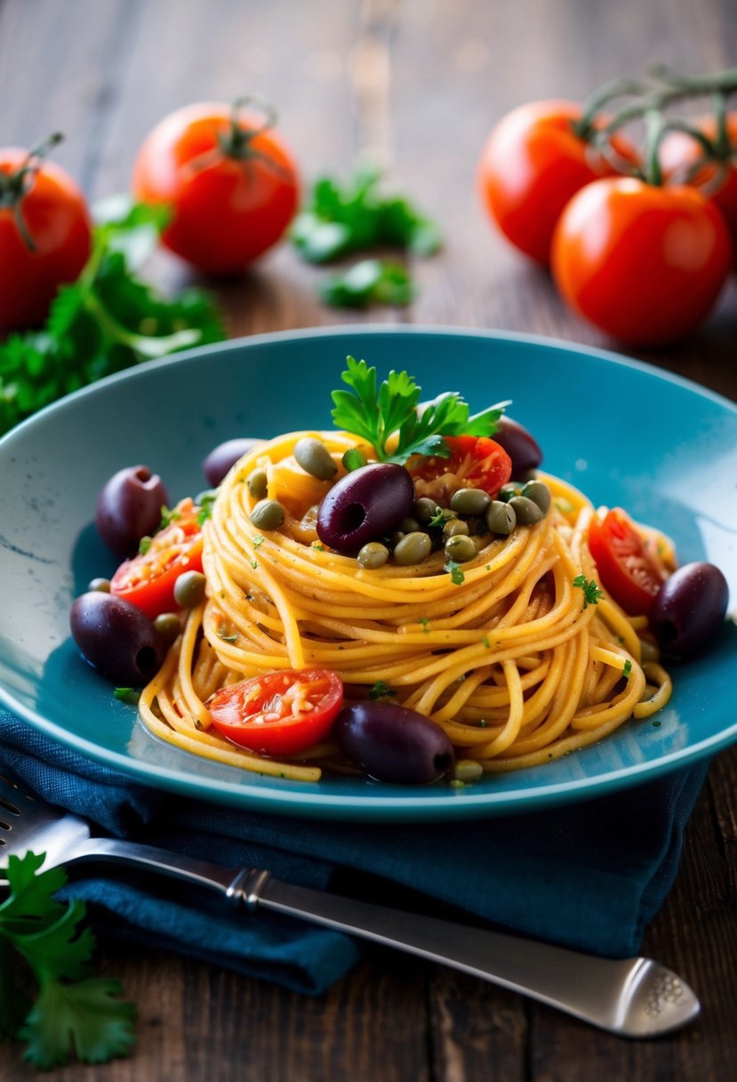 A steaming plate of spaghetti puttanesca with olives, capers, and tomatoes, garnished with fresh parsley