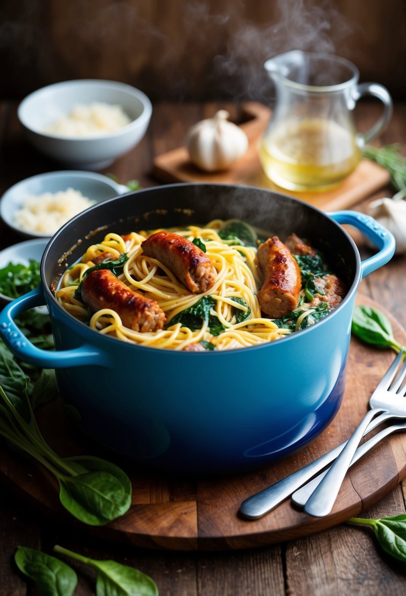 A rustic kitchen scene with a bubbling pot of Tuscan Sausage and Spinach Spaghetti, surrounded by fresh ingredients and cooking utensils