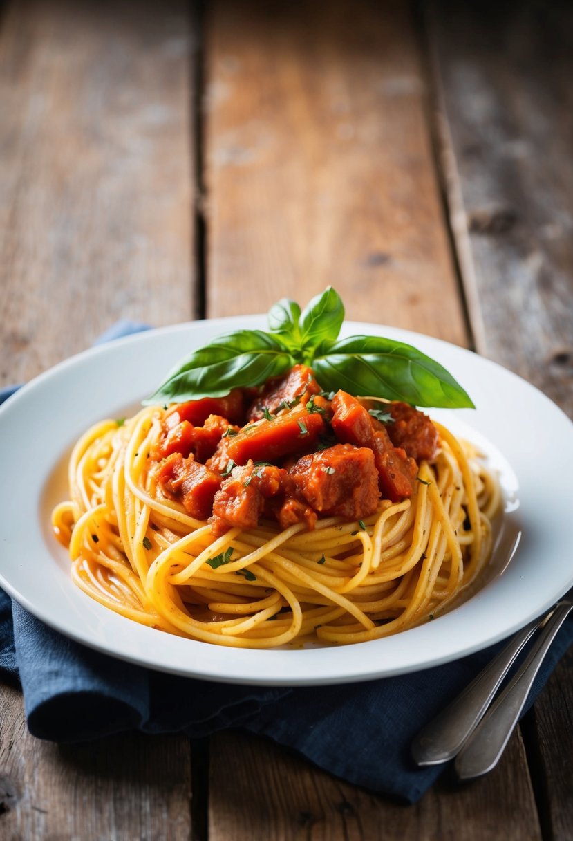 A steaming plate of spaghetti with roasted red pepper sauce, garnished with fresh basil leaves, sits on a rustic wooden table