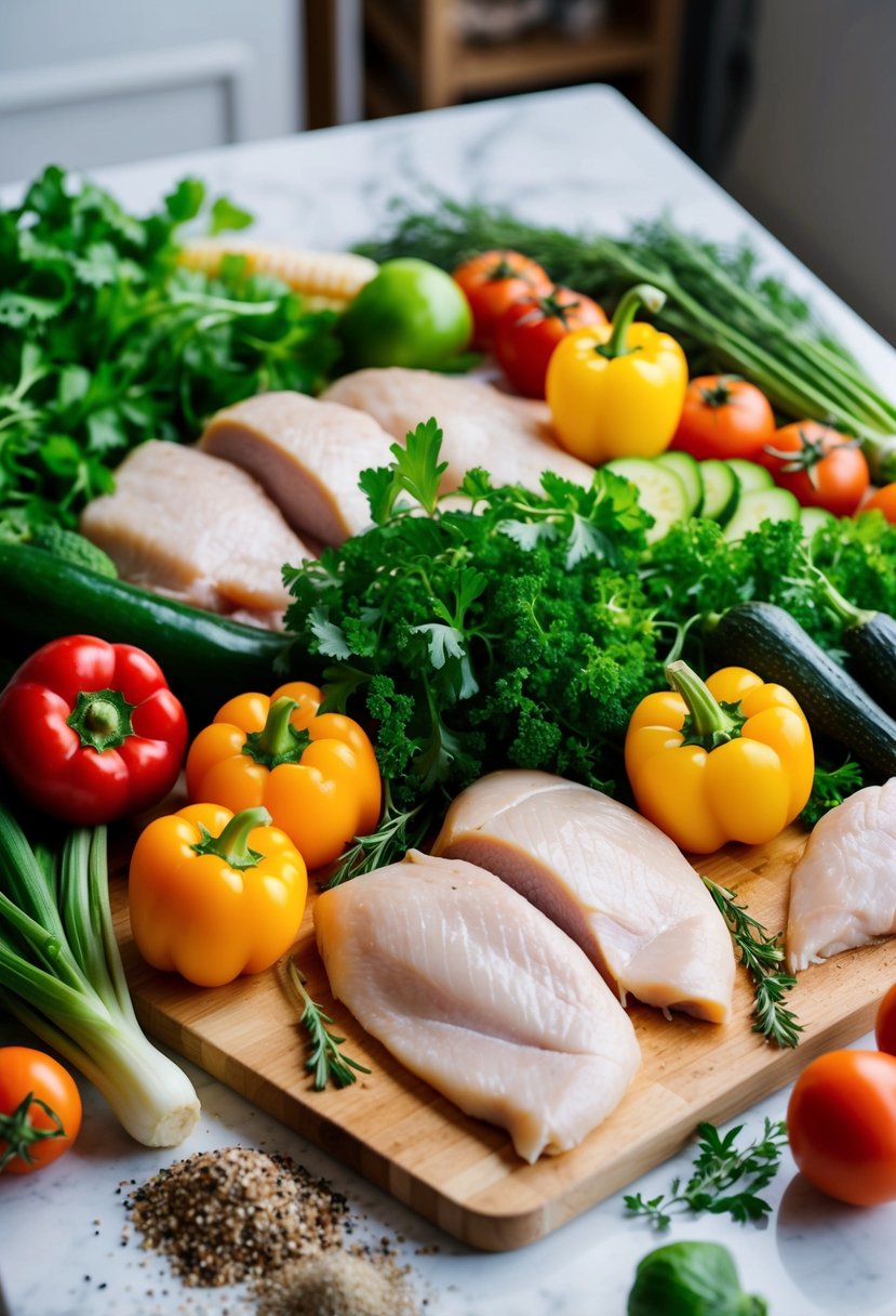 A colorful array of fresh vegetables and lean cuts of chicken arranged on a clean cutting board, surrounded by herbs and spices