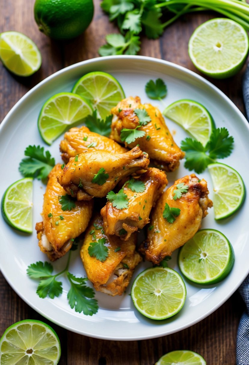 A plate of zesty lime chicken wings surrounded by fresh lime slices and garnished with cilantro