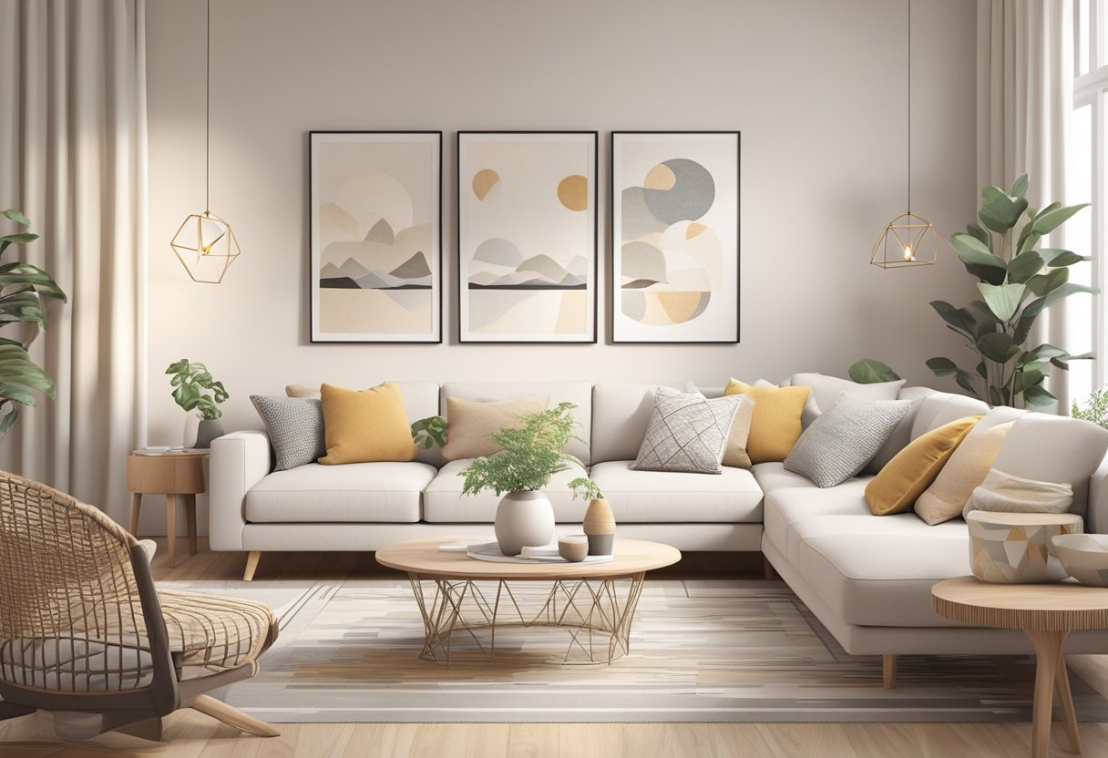 A cozy living room with a neutral-colored sofa adorned with Scandinavian-inspired throw pillows in geometric patterns and natural textures. Warm lighting and minimalist decor complete the inviting space