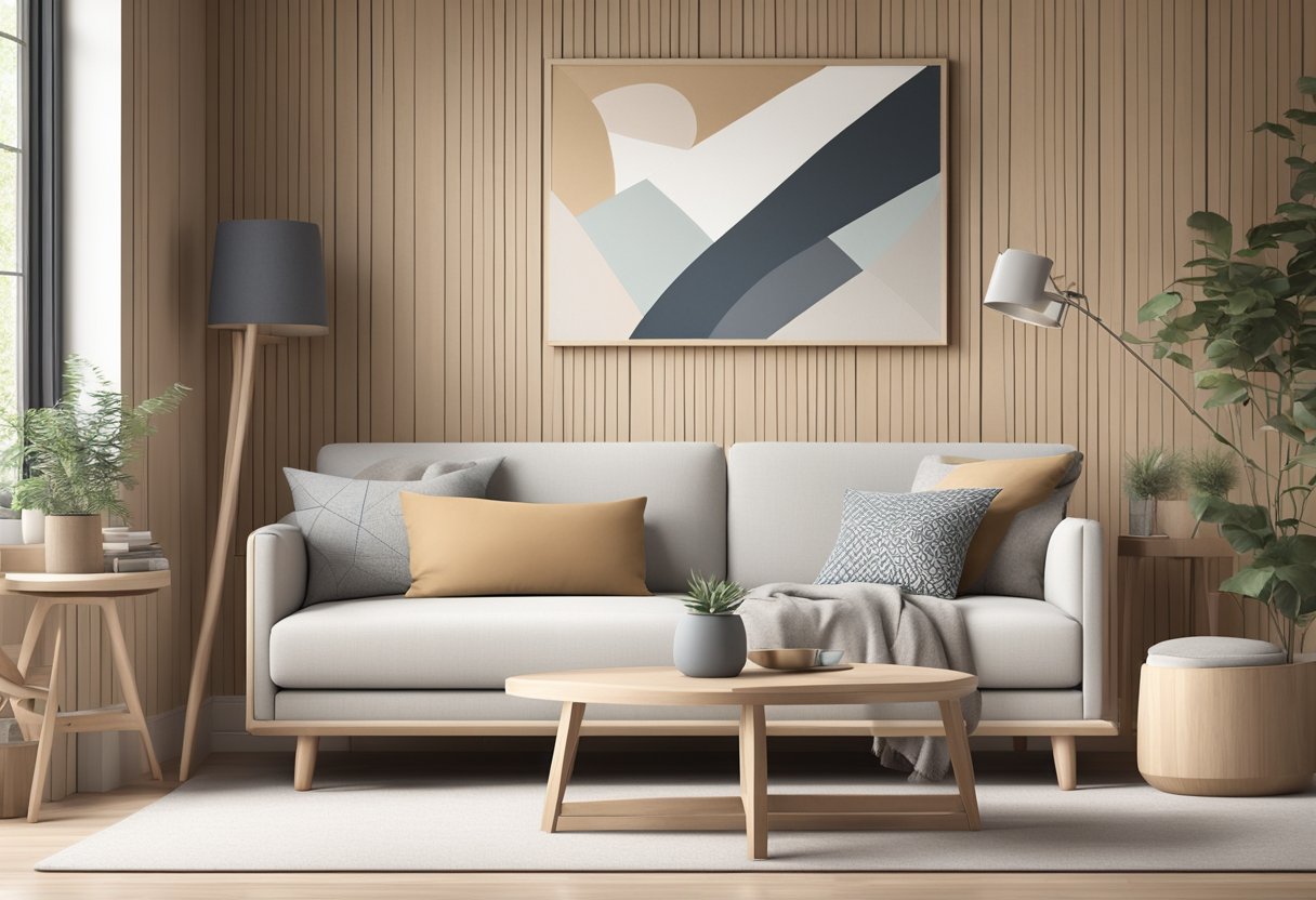 A cozy living room with a sleek, minimalistic sofa adorned with Scandinavian throw pillows in muted tones and geometric patterns. Light wood furniture and clean lines complete the modern design aesthetic