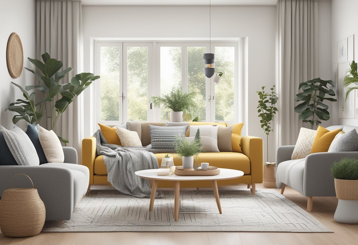 A cozy living room with a neutral-colored sofa adorned with a variety of Scandinavian throw pillows in different textures and patterns