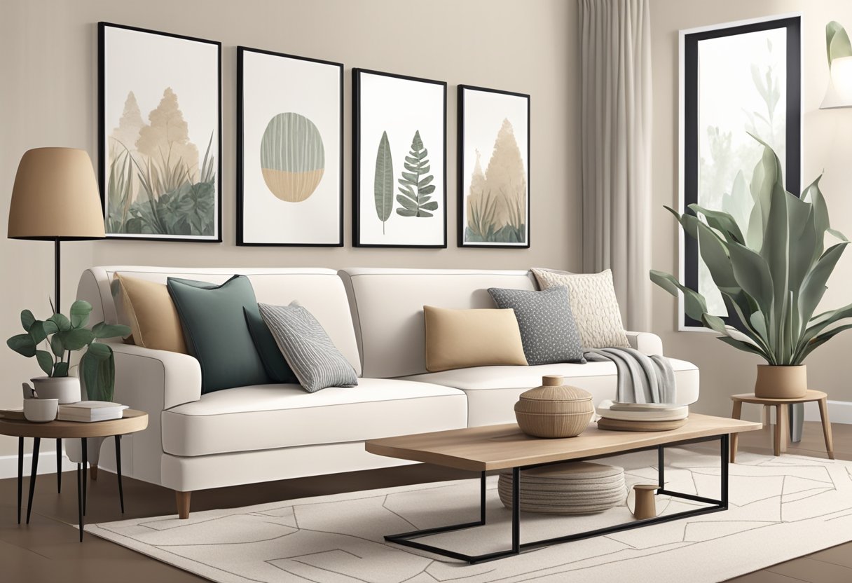 A cozy living room with a neutral color palette, featuring a comfortable sofa adorned with Scandinavian throw pillows. A shelf or table nearby displays a variety of throw pillow options for purchase