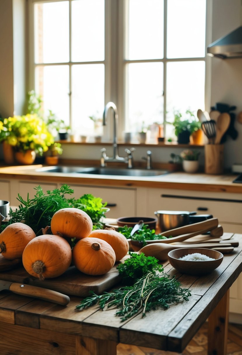 A rustic kitchen with an assortment of yams, herbs, and cooking utensils laid out on a wooden table. Sunlight streams in through a window, casting warm shadows on the scene