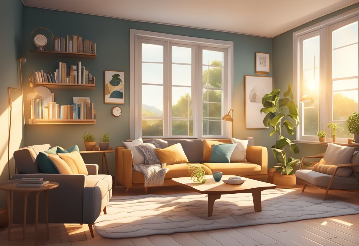 A cozy living room with a plush sofa adorned with Scandinavian throw pillows. Sunlight streams in through the window, casting a warm glow on the inviting space