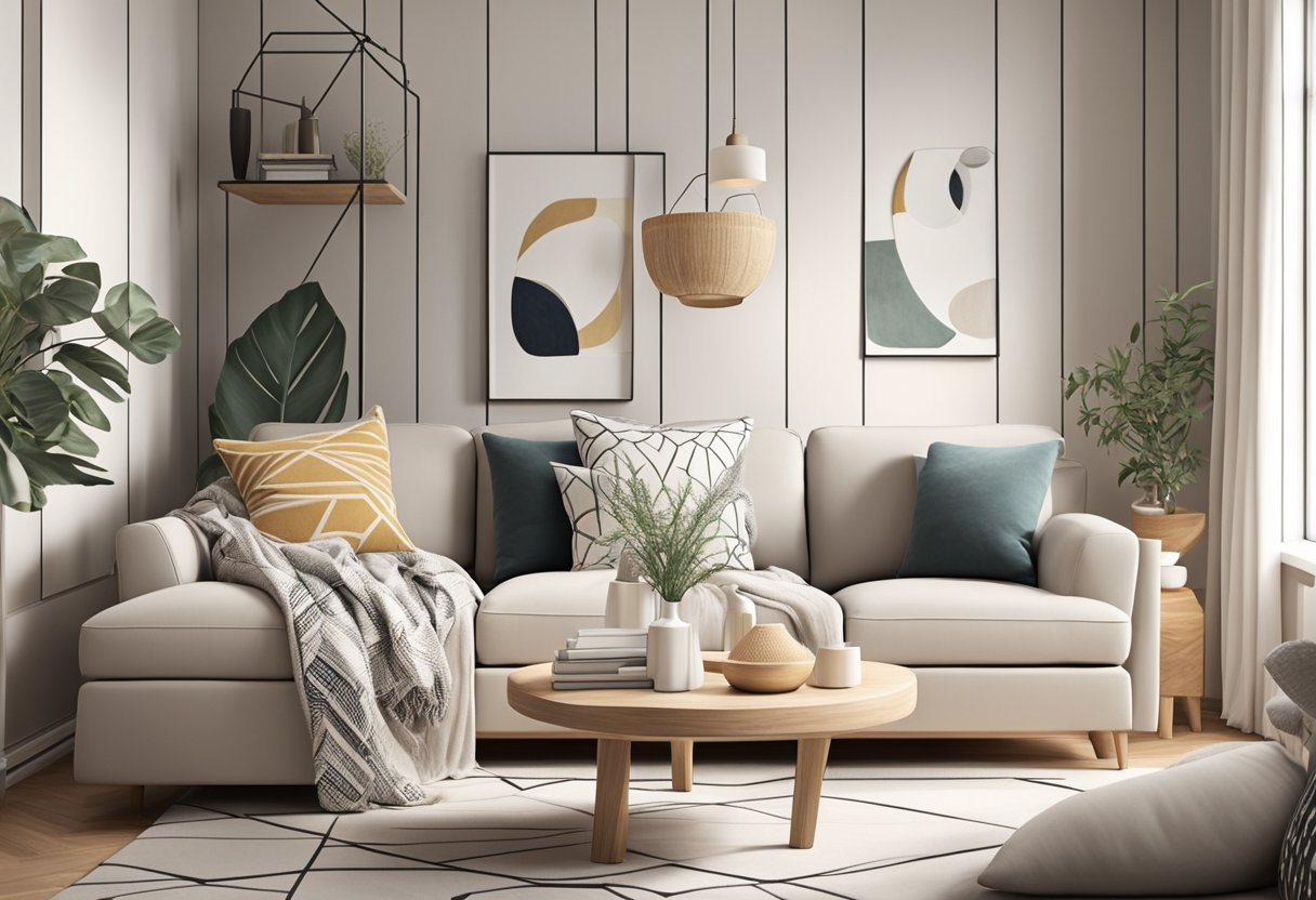 A cozy living room with a neutral color palette, featuring a plush sofa adorned with stylish Scandinavian throw pillows in geometric patterns and natural textures