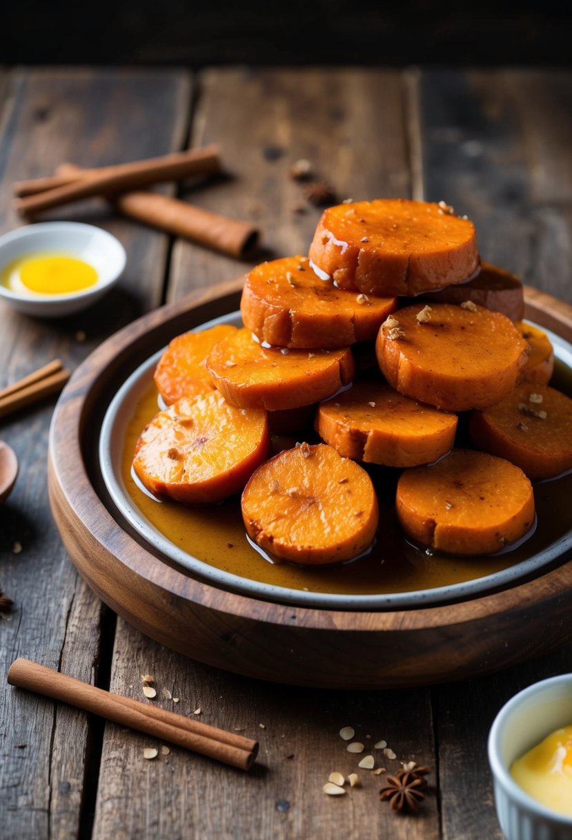 A rustic wooden table set with a pile of spiced yams drizzled with maple syrup, surrounded by scattered cinnamon sticks and a small dish of melted butter