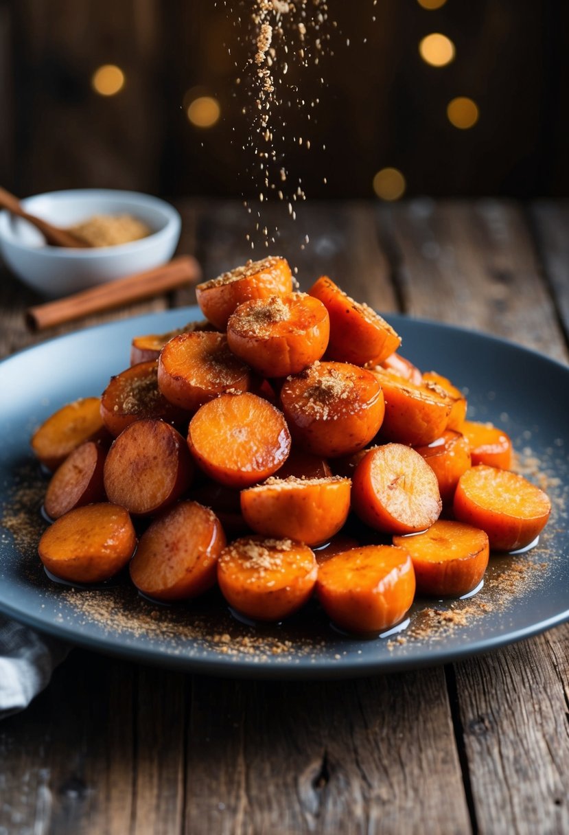 A pile of caramelized yams drizzled with vanilla and sprinkled with cinnamon on a rustic wooden table