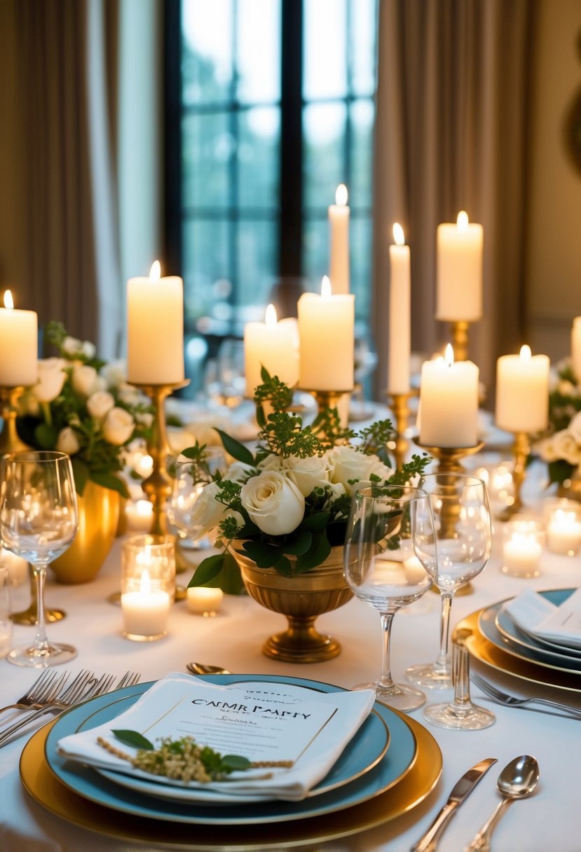 A table set with elegant dinner party recipes, surrounded by flickering candlelight and elegant tableware