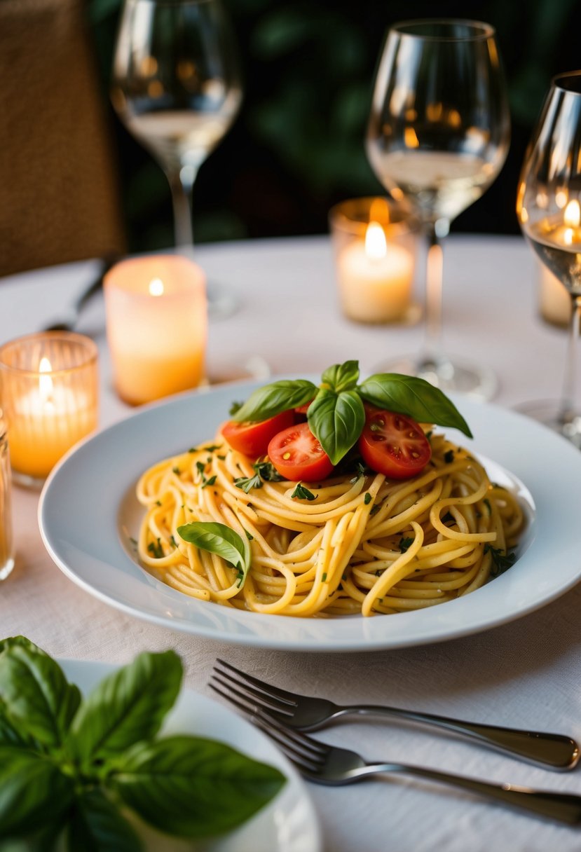 A table set with a plate of pasta topped with fresh tomatoes and basil, surrounded by wine glasses and flickering candlelight