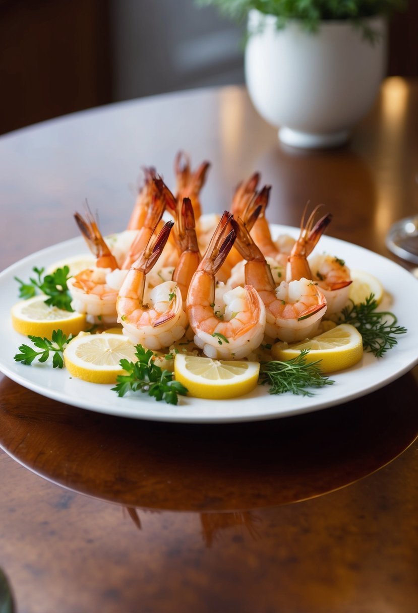 A platter of roasted shrimp cocktail surrounded by fresh herbs and lemon slices on a polished wooden table