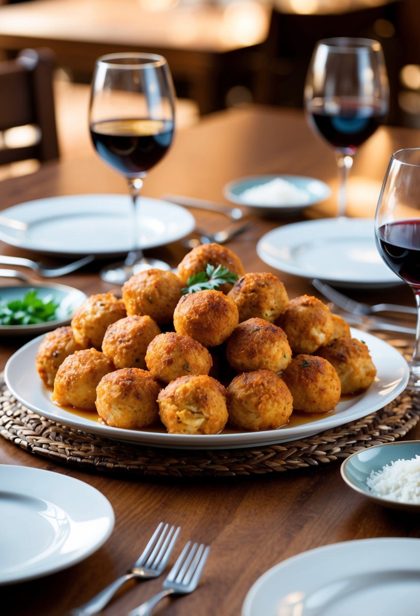 A table set with a platter of golden-brown chicken parmesan meatballs, surrounded by plates, cutlery, and glasses of wine