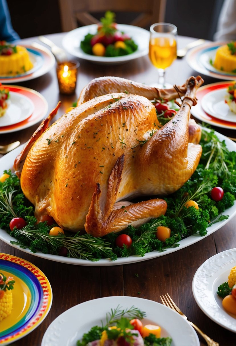 A golden-brown herb-roasted turkey sits on a platter surrounded by colorful side dishes and garnishes, ready to be served at a festive dinner party