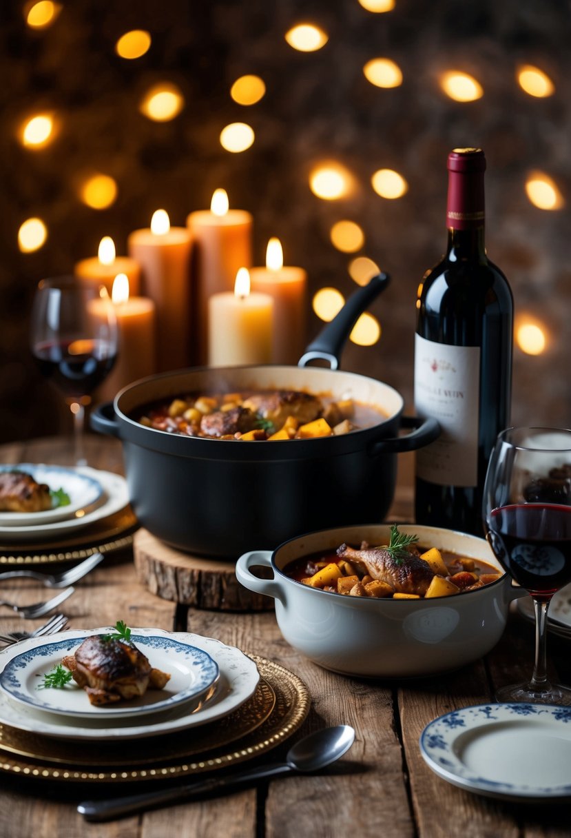 A rustic table set with vintage dinnerware, a bubbling pot of Coq au Vin, and a bottle of red wine surrounded by flickering candlelight