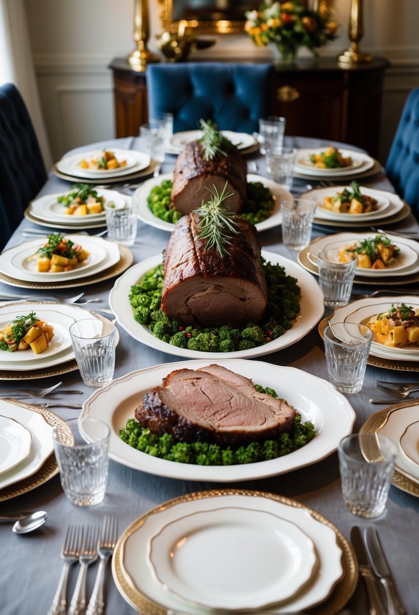 A table set with elegant dinnerware, a succulent brisket centerpiece, and various side dishes arranged for a make-ahead dinner party