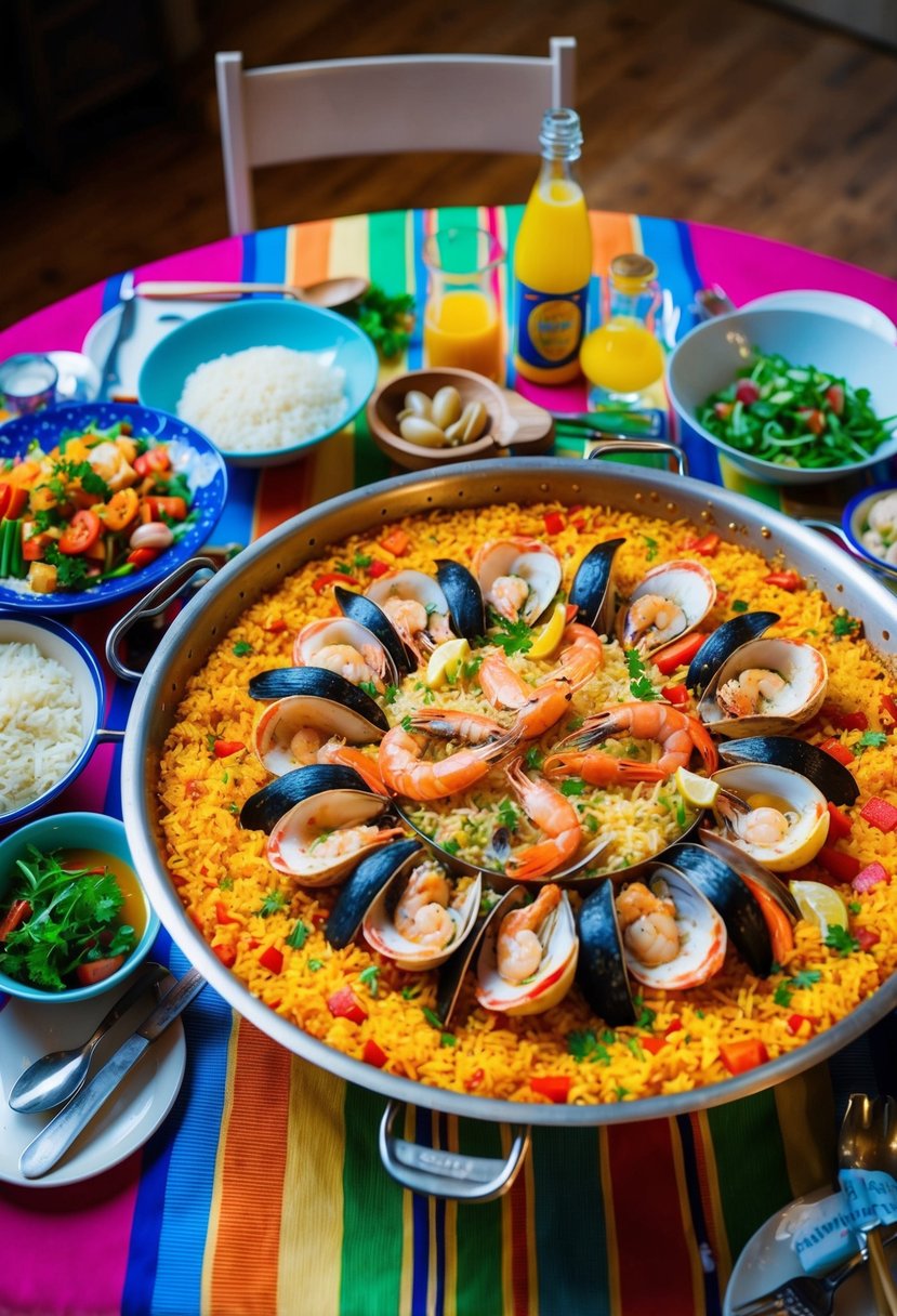 A colorful table set with a large paella pan filled with a vibrant mix of seafood, rice, and vegetables. Surrounding the pan are various ingredients and cooking utensils