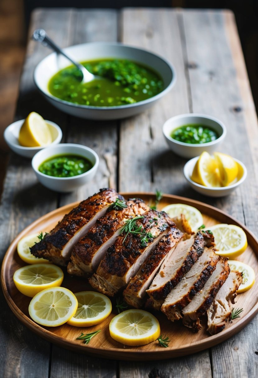 A rustic wooden table set with a platter of succulent porchetta, surrounded by bowls of vibrant green herb sauce and fresh lemon slices