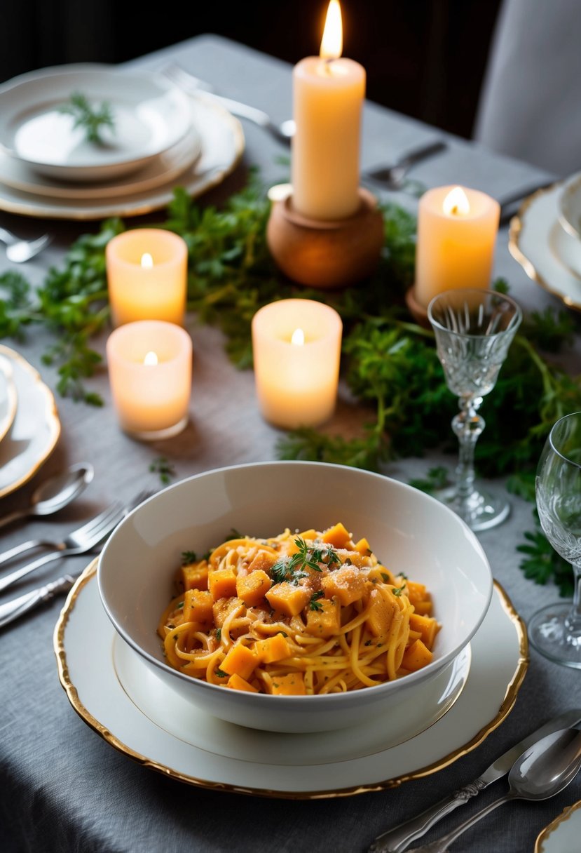 A table set with elegant dinnerware, a steaming bowl of creamy butternut squash pasta, surrounded by flickering candlelight and fresh herbs