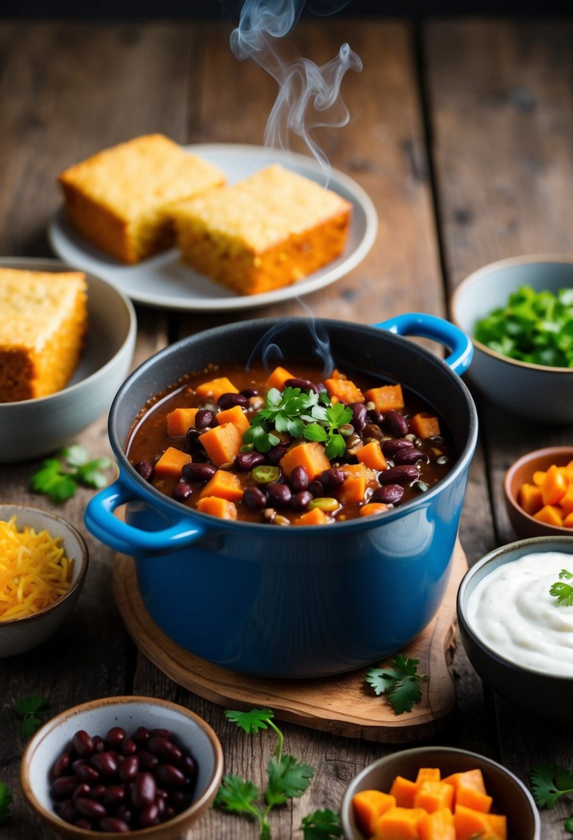 A pot of steaming black bean sweet potato chili sits on a rustic wooden table, surrounded by bowls of toppings and freshly baked cornbread