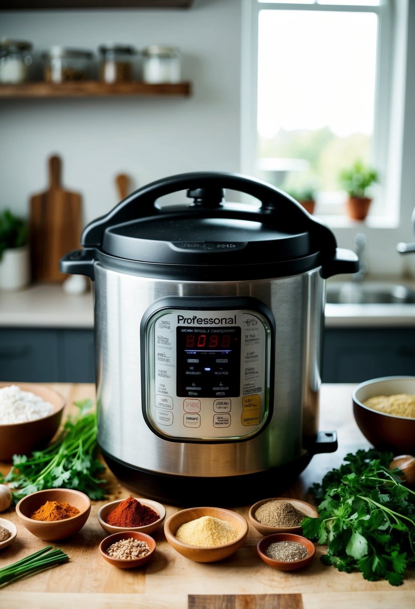 A chicken pressure cooker surrounded by various ingredients and spices on a kitchen counter