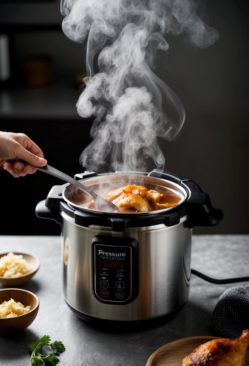 A pressure cooker releasing steam while cooking honey garlic chicken