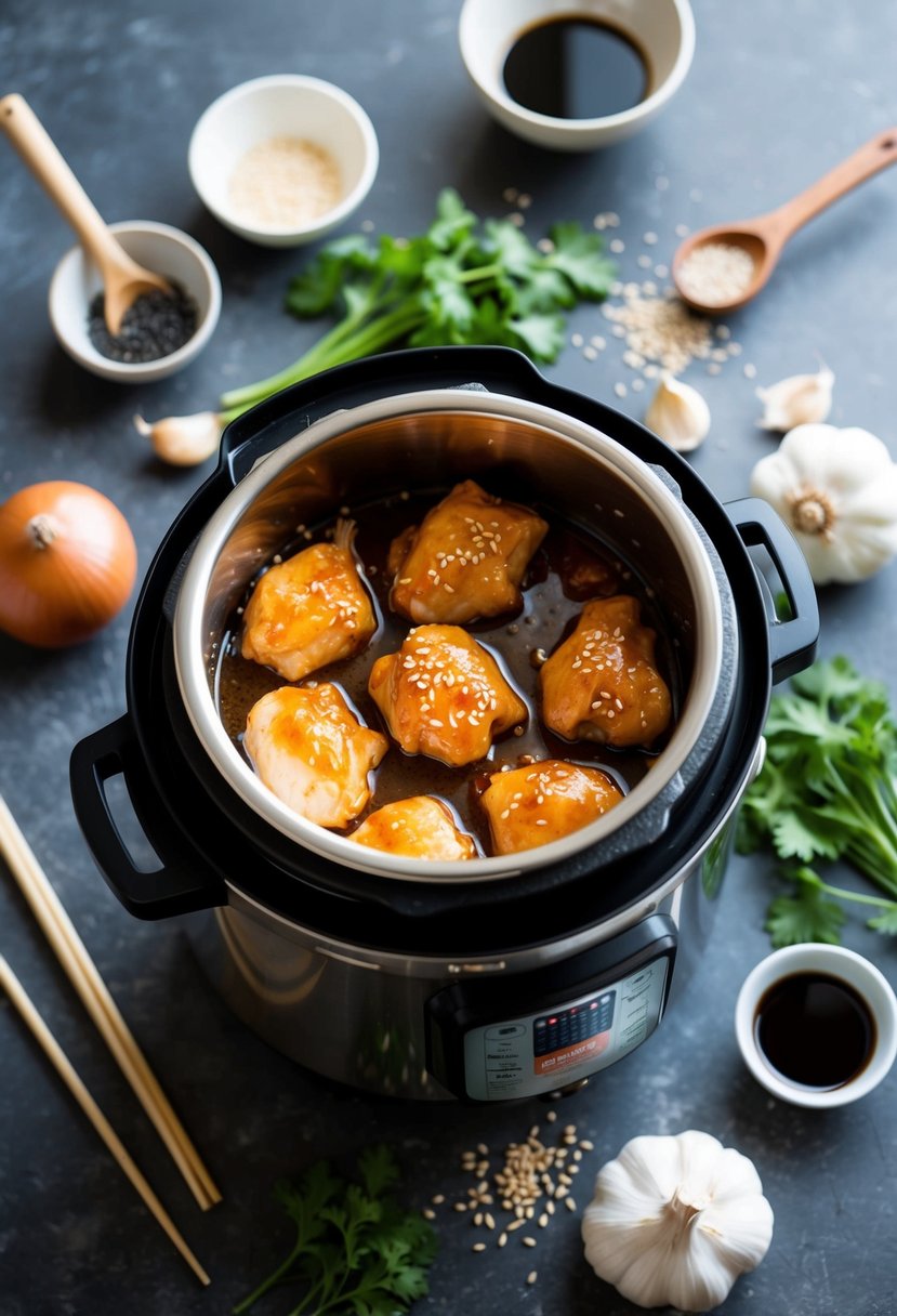 A pressure cooker filled with honey sesame chicken, surrounded by ingredients like garlic, soy sauce, and sesame seeds