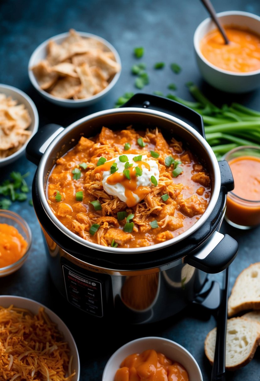 A pressure cooker filled with bubbling buffalo chicken dip, surrounded by ingredients like shredded chicken, hot sauce, and melted cheese