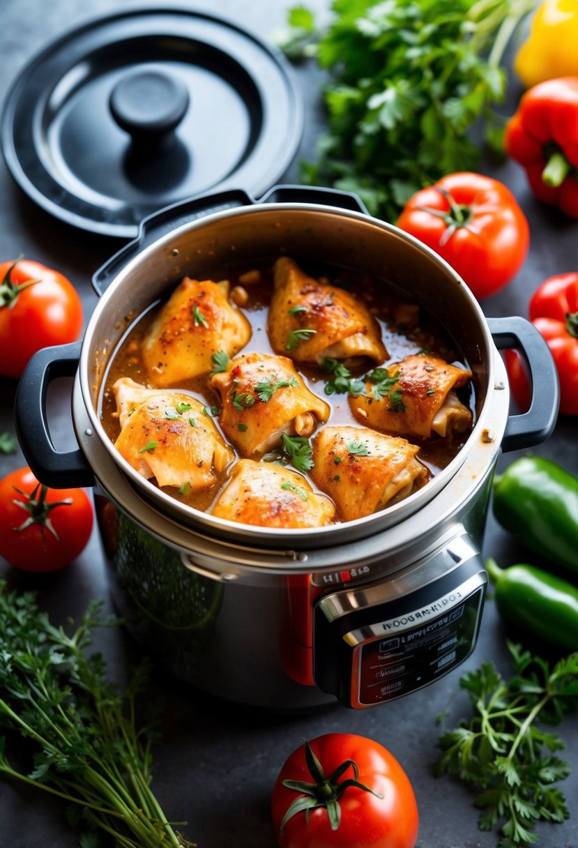 A pressure cooker filled with simmering chicken riggies, surrounded by fresh ingredients like tomatoes, peppers, and herbs