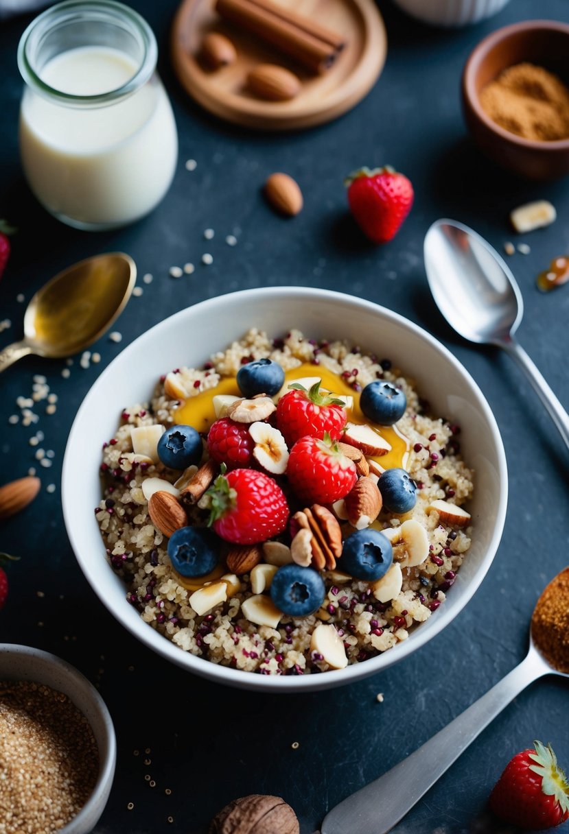 A bowl of cooked quinoa topped with fresh berries, nuts, and a drizzle of honey, surrounded by ingredients like cinnamon, almond milk, and a spoon