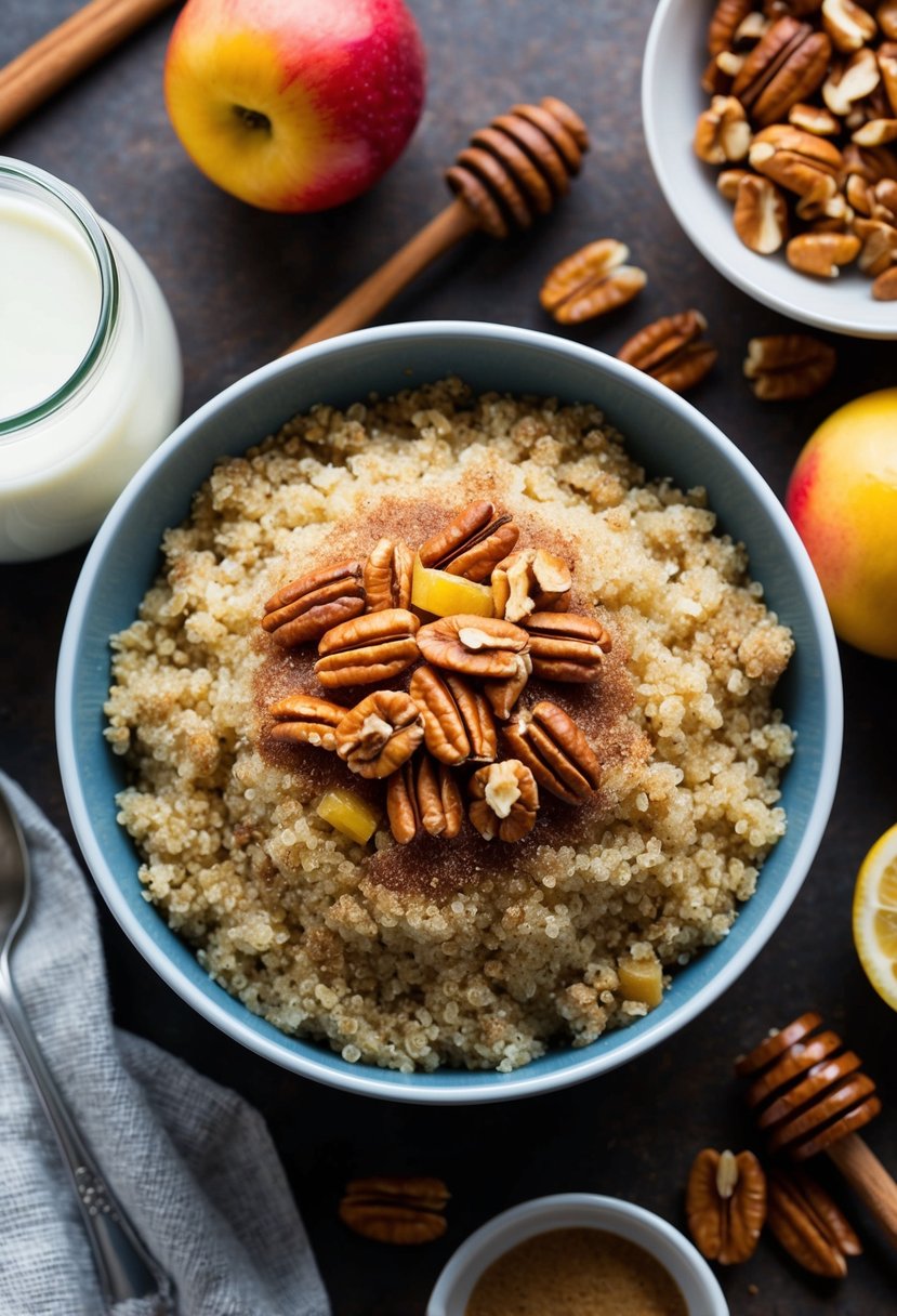 A bowl of cooked quinoa topped with cinnamon, sugar, and toasted nuts, surrounded by ingredients like milk, honey, and fresh fruit