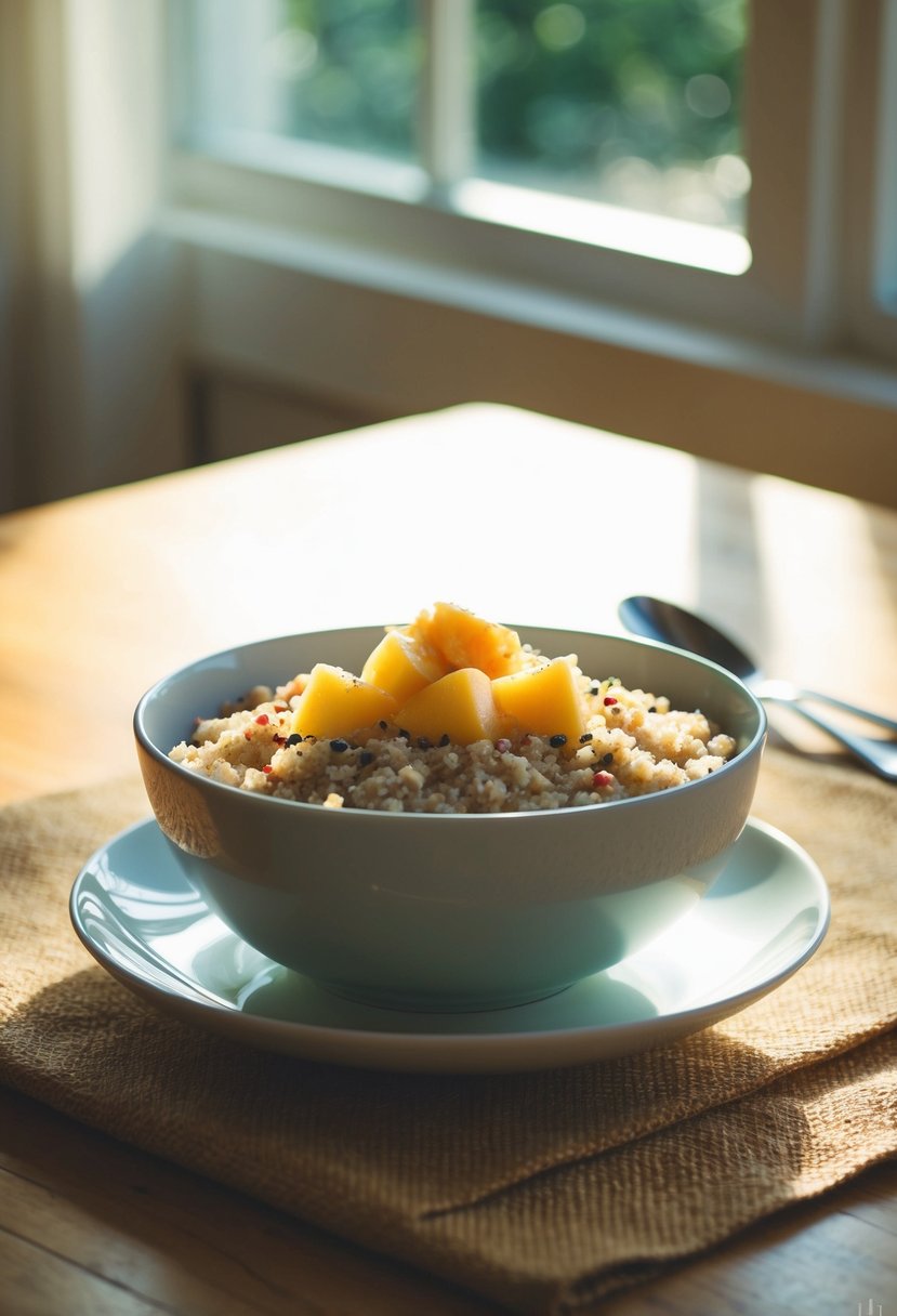 A bowl of sweet quinoa oatmeal topped with fresh fruits on a wooden table. Sunlight streams in through a window, casting a warm glow on the breakfast spread