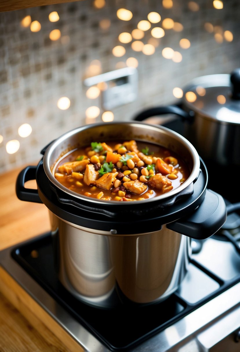 A pressure cooker filled with Black Eyed Pea Chili chicken simmering on a stovetop