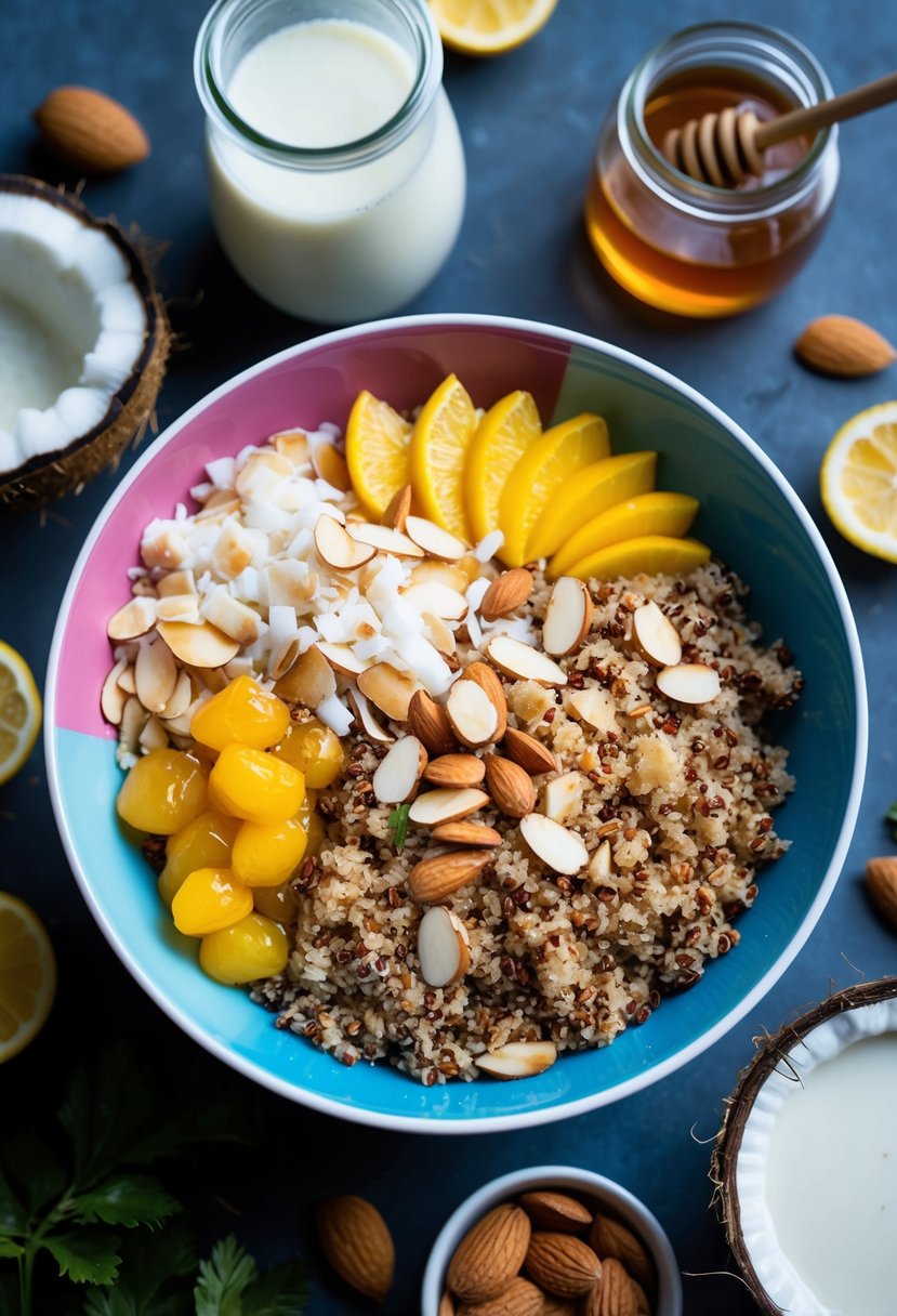 A colorful bowl filled with cooked quinoa, topped with coconut flakes, sliced almonds, and fresh fruit, surrounded by a variety of ingredients like coconut milk, almond milk, and a jar of honey