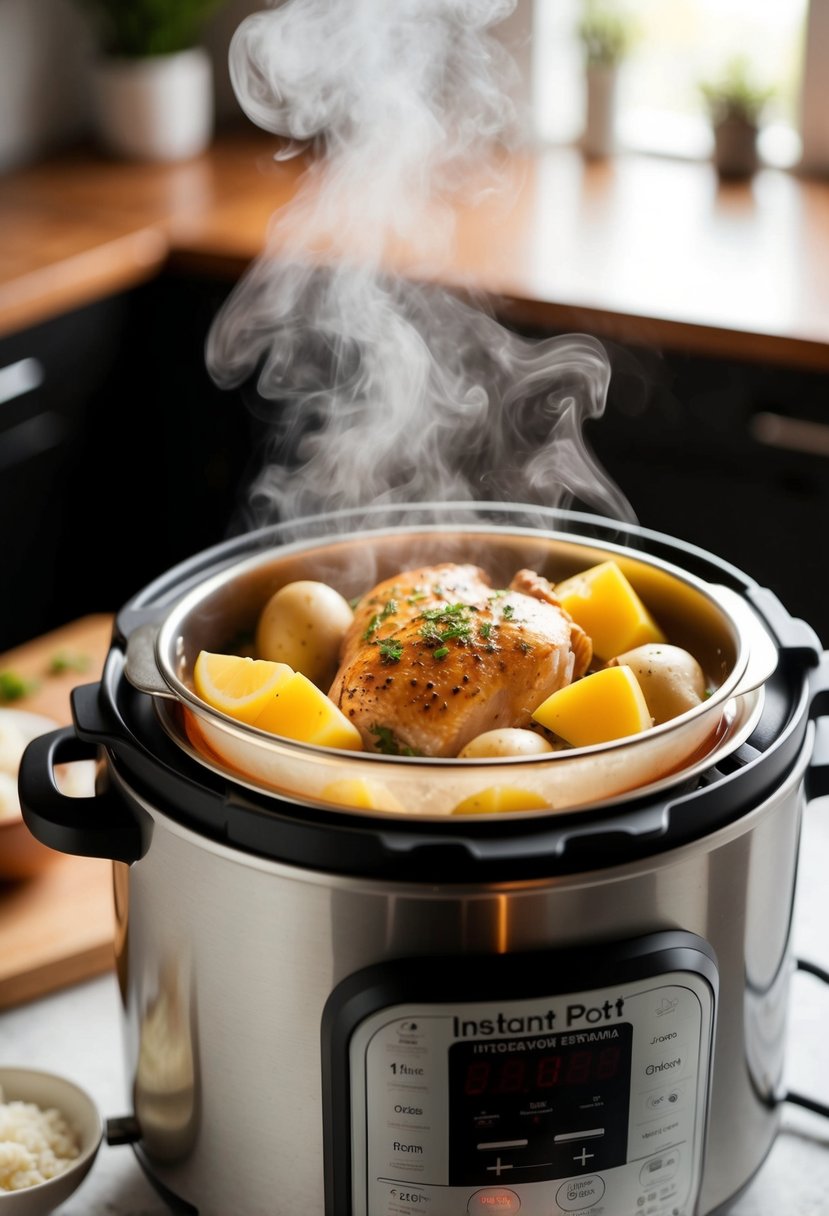 A steaming Instant Pot filled with tender chicken and potatoes