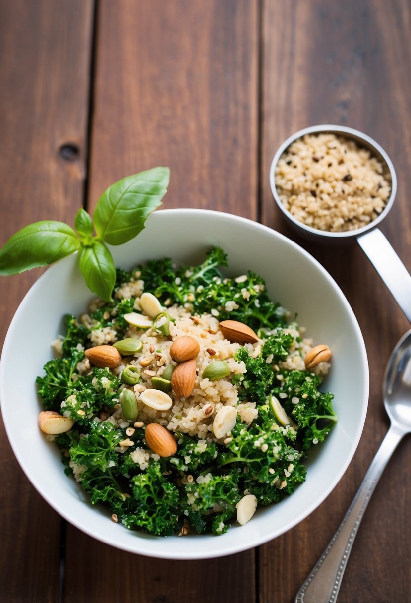 A bowl of quinoa mixed with kale and pesto, topped with nuts and seeds, sits on a wooden table next to a spoon and a sprig of fresh basil