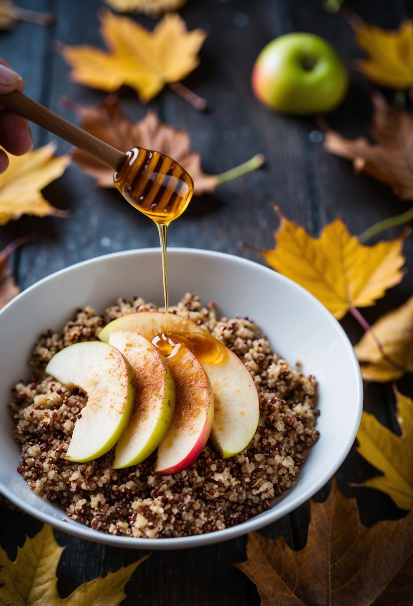 A steaming bowl of quinoa topped with sliced apples, sprinkled with cinnamon, and drizzled with honey, surrounded by fallen autumn leaves