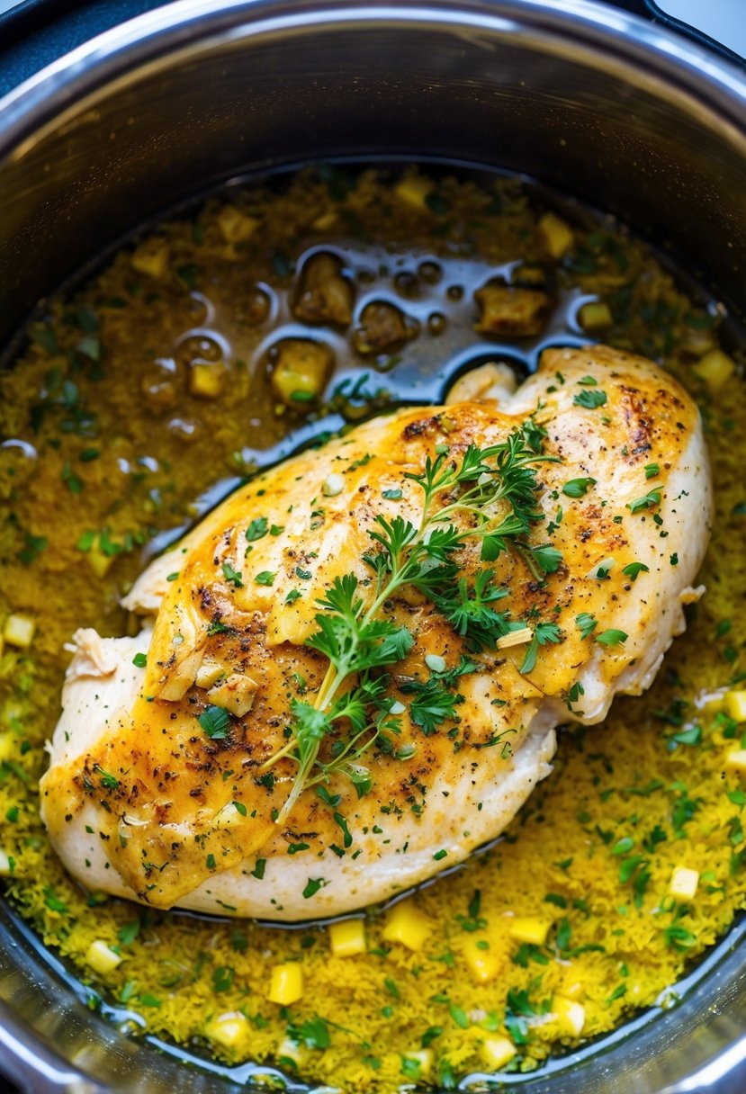 A sizzling chicken breast in a pool of golden garlic butter, surrounded by aromatic herbs and spices in a pressure cooker