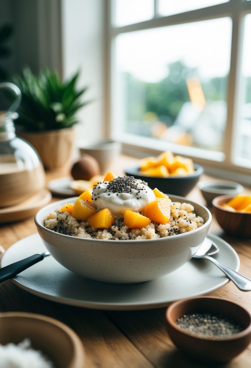 A bowl of quinoa topped with chia seeds, coconut cream, and fresh fruit, surrounded by a cozy breakfast setting with natural light streaming in