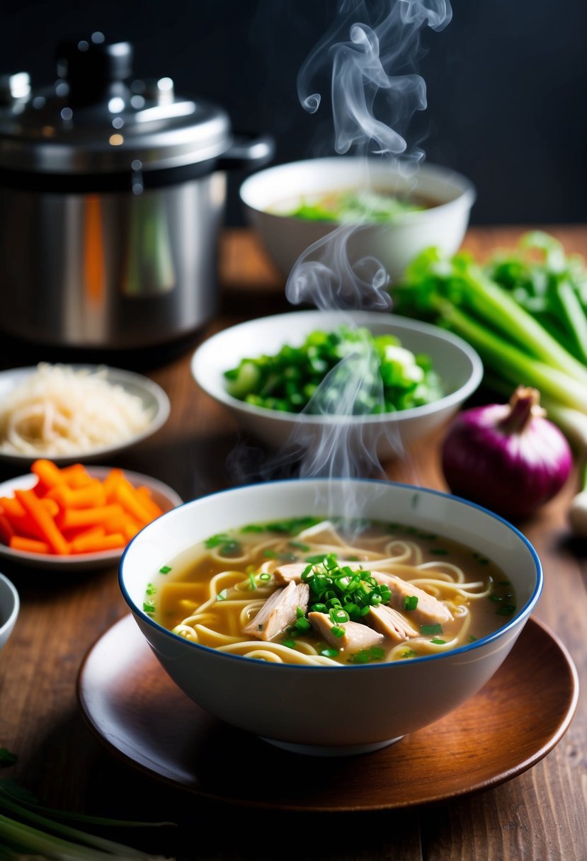 A steaming bowl of Chinese chicken noodle soup sits on a wooden table, surrounded by fresh vegetables and a pressure cooker in the background