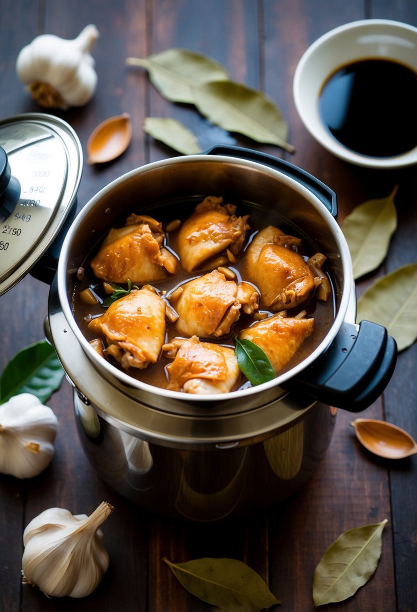 A pressure cooker filled with simmering Chicken Adobo, surrounded by garlic, bay leaves, and soy sauce