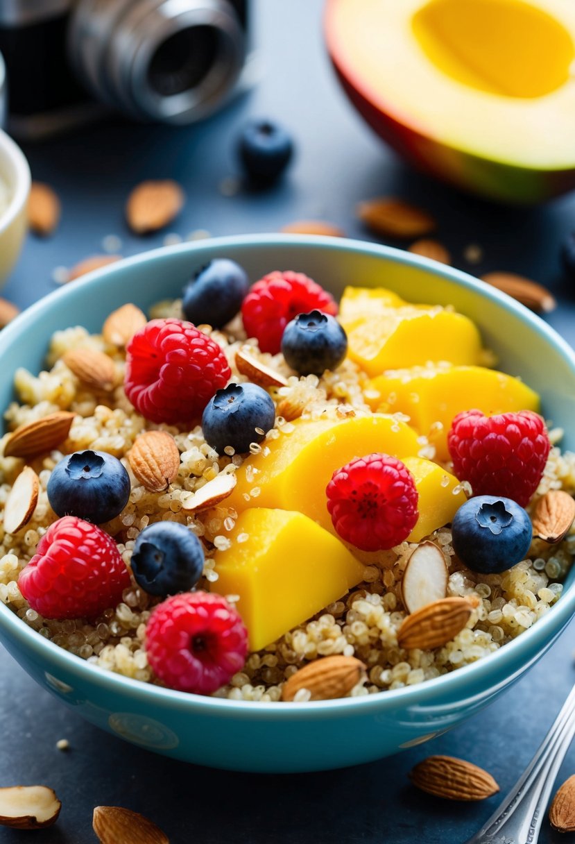 A colorful bowl filled with cooked quinoa, topped with fresh berries, slices of ripe mango, and sprinkled with crunchy almonds