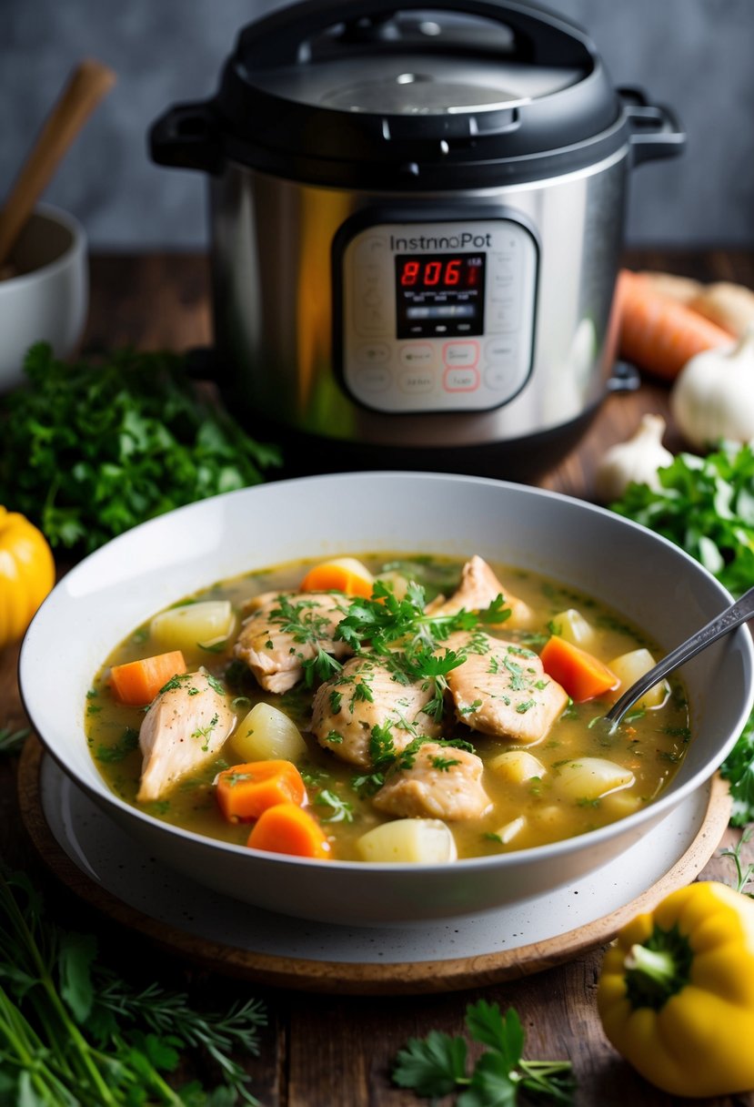 A steaming bowl of chicken stew surrounded by fresh vegetables and herbs, with an Instant Pot pressure cooker in the background