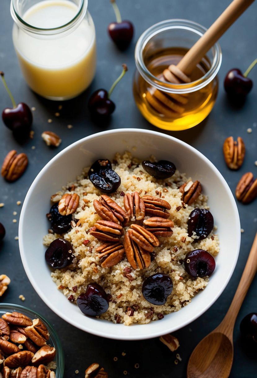 A bowl of quinoa topped with toasted pecans and dried cherries, surrounded by ingredients like honey and almond milk