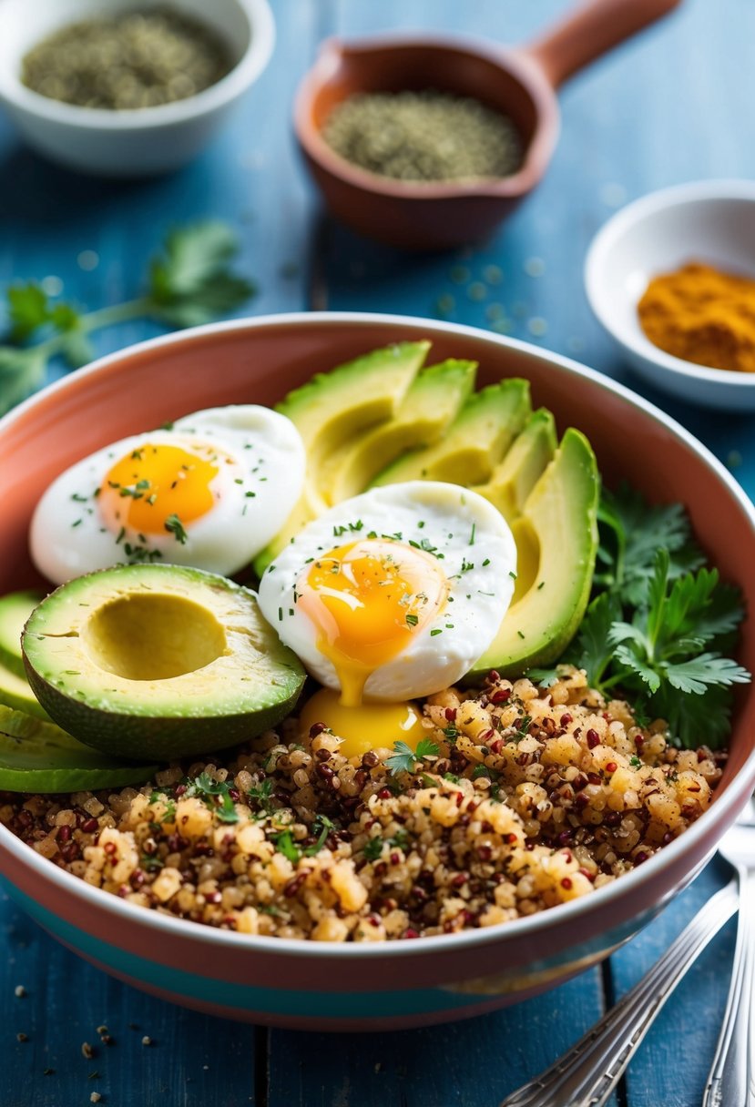 A colorful bowl filled with cooked quinoa, sliced avocado, and poached eggs, topped with a sprinkle of herbs and spices