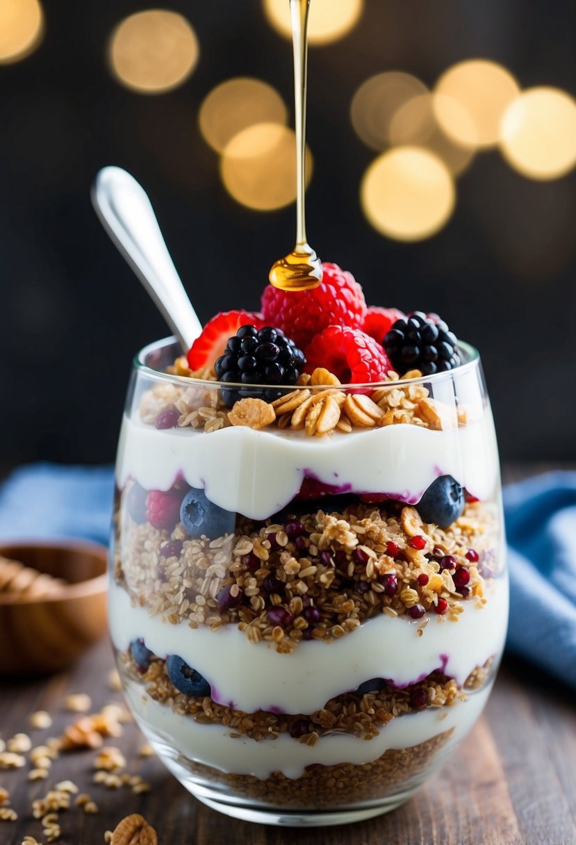 A glass parfait dish filled with layers of quinoa, yogurt, and granola, topped with fresh berries and a drizzle of honey